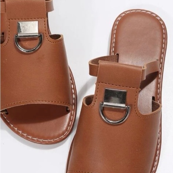 Women Metal Decor Brown PU Leather Open Toe Sandals - Picture 4 of 4